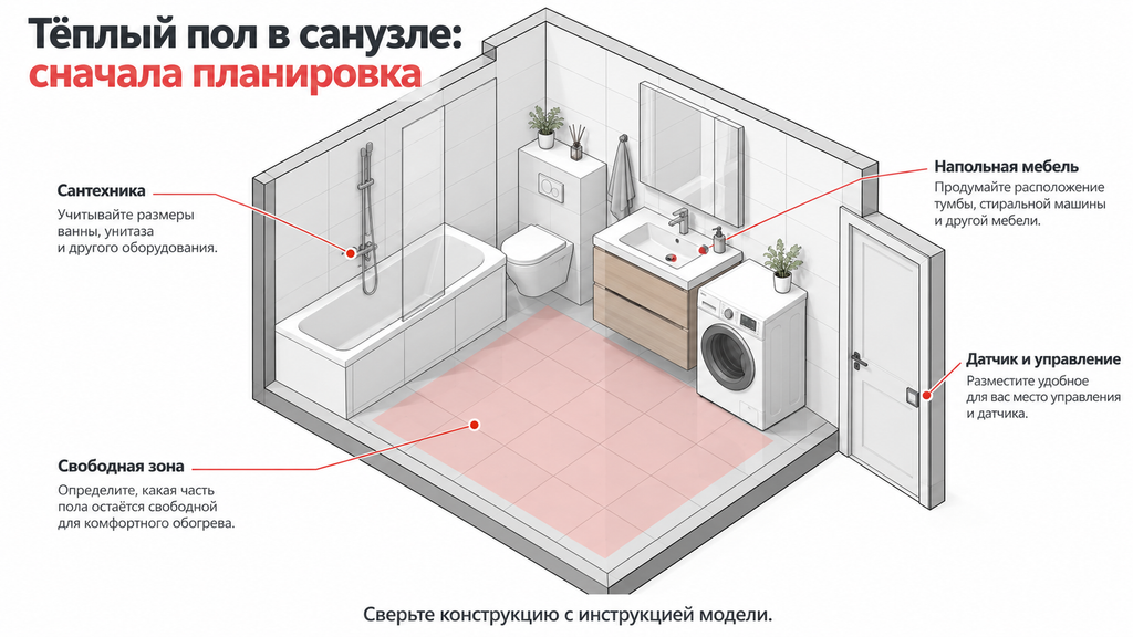 Схема свободной площади для тёплого пола в санузле с ванной, унитазом, раковиной и стиральной машиной